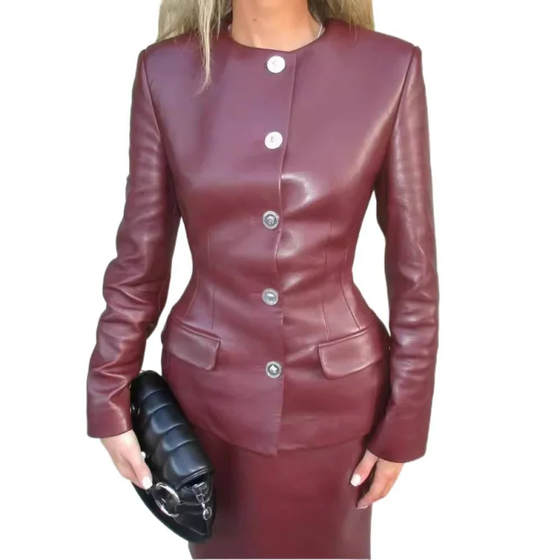 スリムフィットオフショルダーフレアードレザージャケット、秋冬用、長袖、ラウンドネック、大人用、セレモニー向け