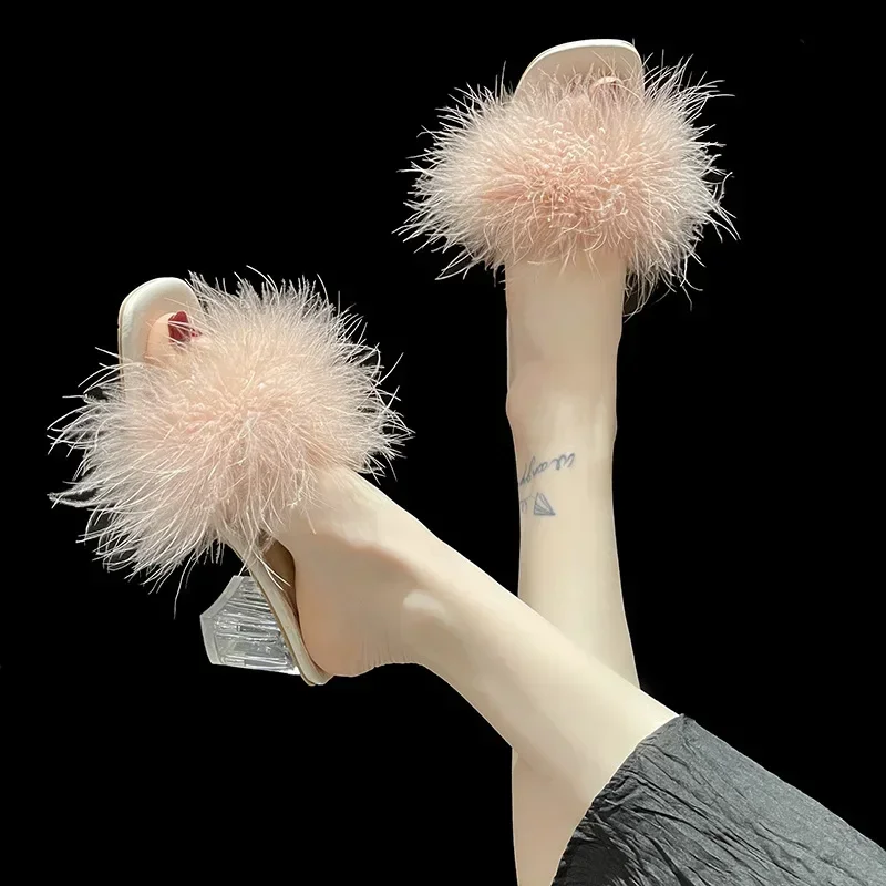 New Summer Fluffy Peep Toe Sexy High Heels Women Shoes Fur Feather Lady Fashion Wedding Slip-On Pink Square Toe Women Sandals