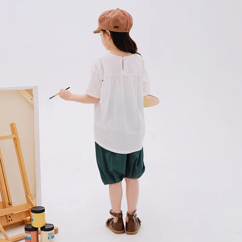 子供用のレトロなリネンとコットンのTシャツとショーツのセット,10代の女の子用の服,カジュアル,無地,4〜12歳,2ユニット