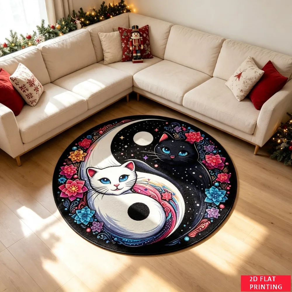 Yin Yang Black White Cat Face Eye Contrast Round Rug For Modern Bedroom Or Meditation Space Featuring Spiritual Balance Printed