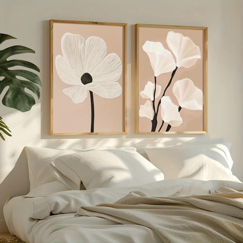 2pcs,Frameless,Modern Floral Printing,Minimalist Floral,Plant Line Wall Art, Neutral Bohemian Decor,Elegant Plant Illustrations