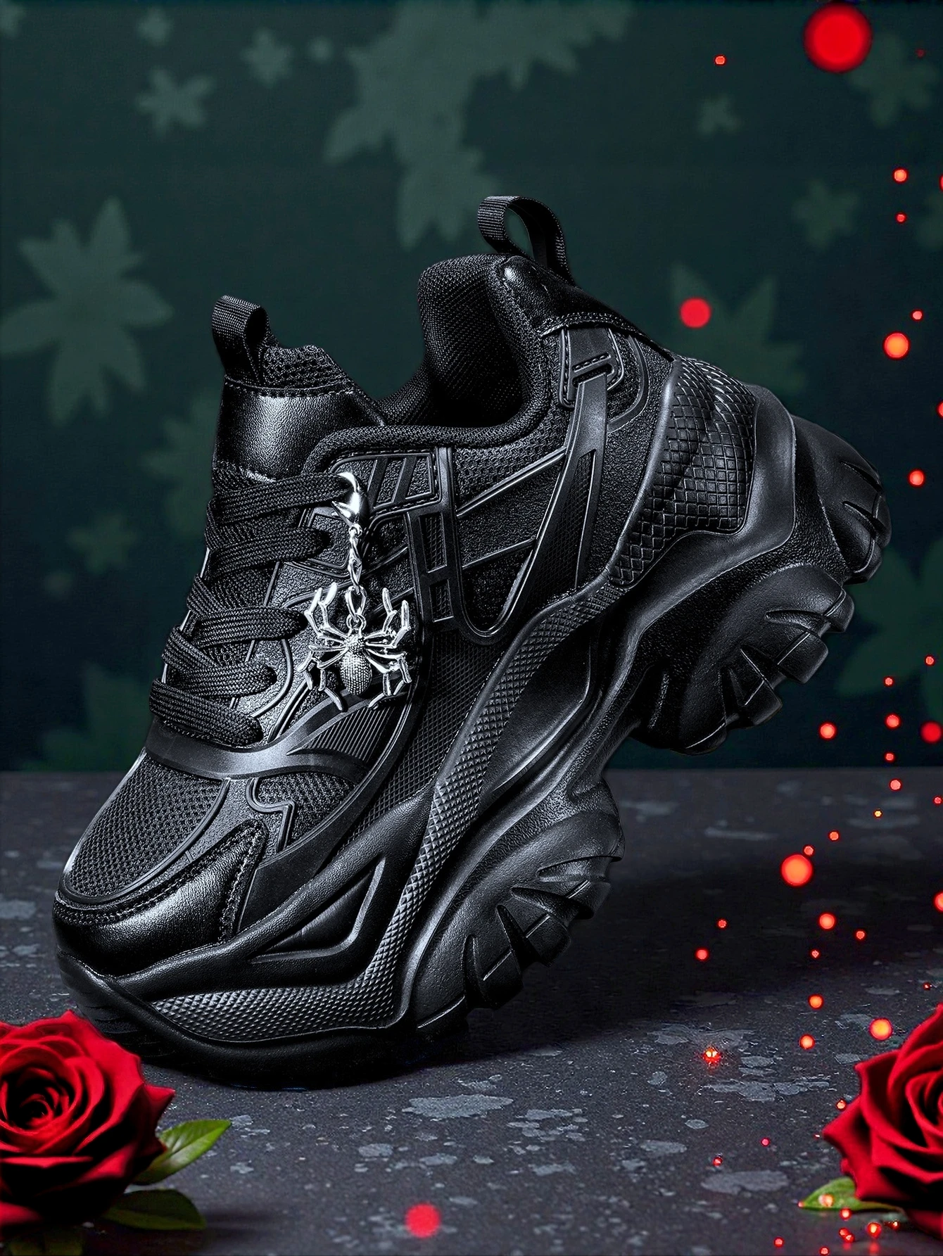 Zapatillas vulcanizadas para mujer para todas las estaciones, estilo Y2K, con suela gruesa de 7 cm que aumenta la altura, color negro, con decoración de araña plateada desmontable, con malla transpirable y zapatillas casuales ligeras de EVA, zapatos versátiles y modernos para el día a día, para ir al trabajo y de compras.