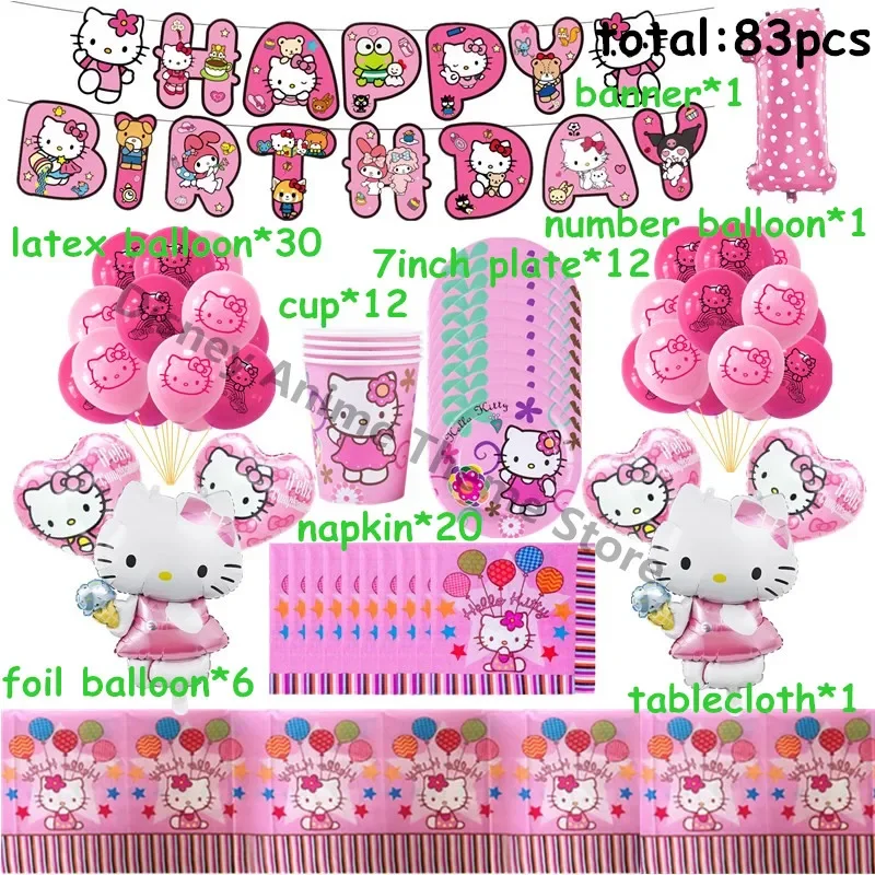 Hello Kitty Kids Girl Birthday Party Decoration Disposable Tableware Set Supplies Cartoon KT Paper Cup Plate Balloons Decor