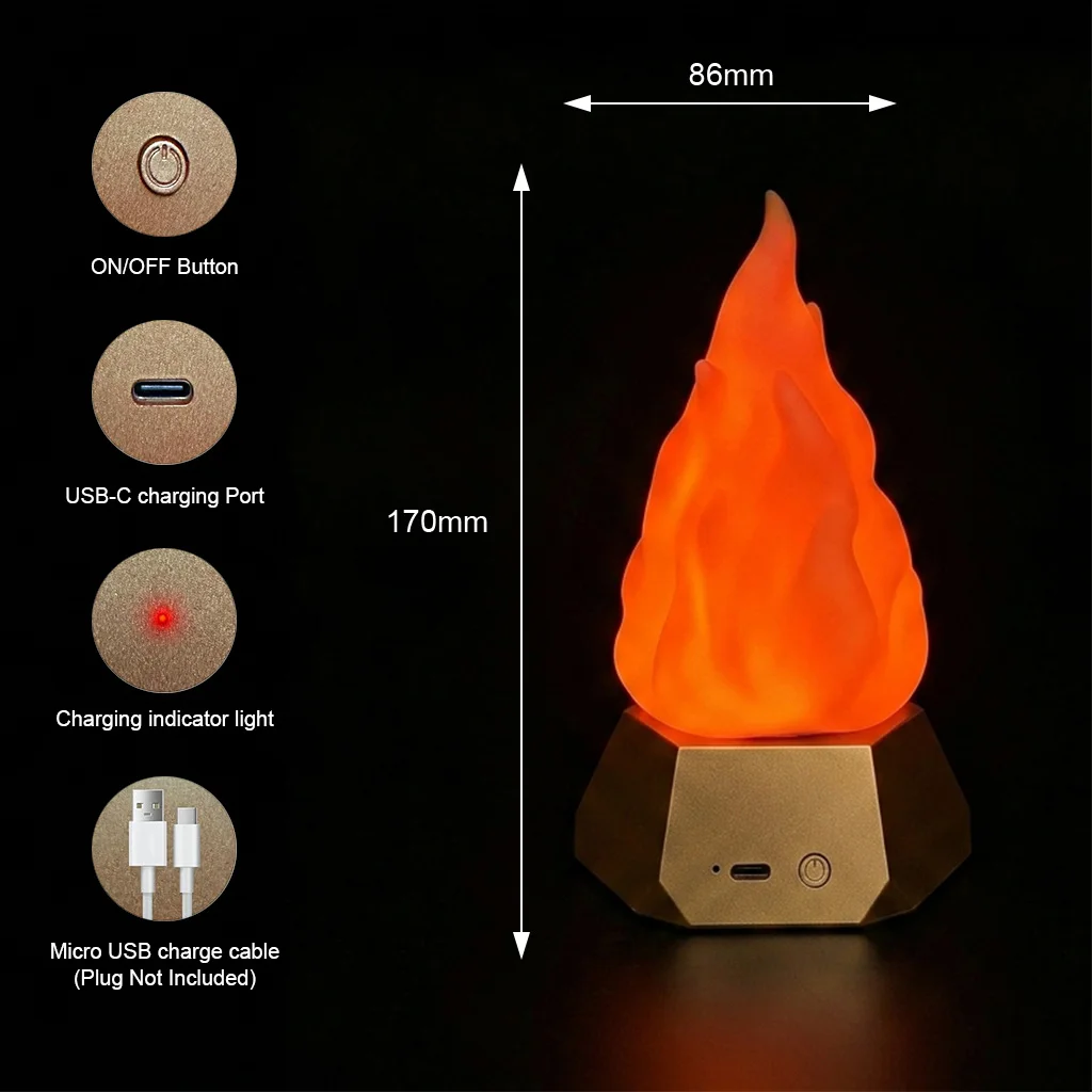 LED Flame Flickering Lamp 3 Modes Portable Camping Light USB-C Rechargeable Atmosphere Lamp For Outdoor Party Garden Patio Deco