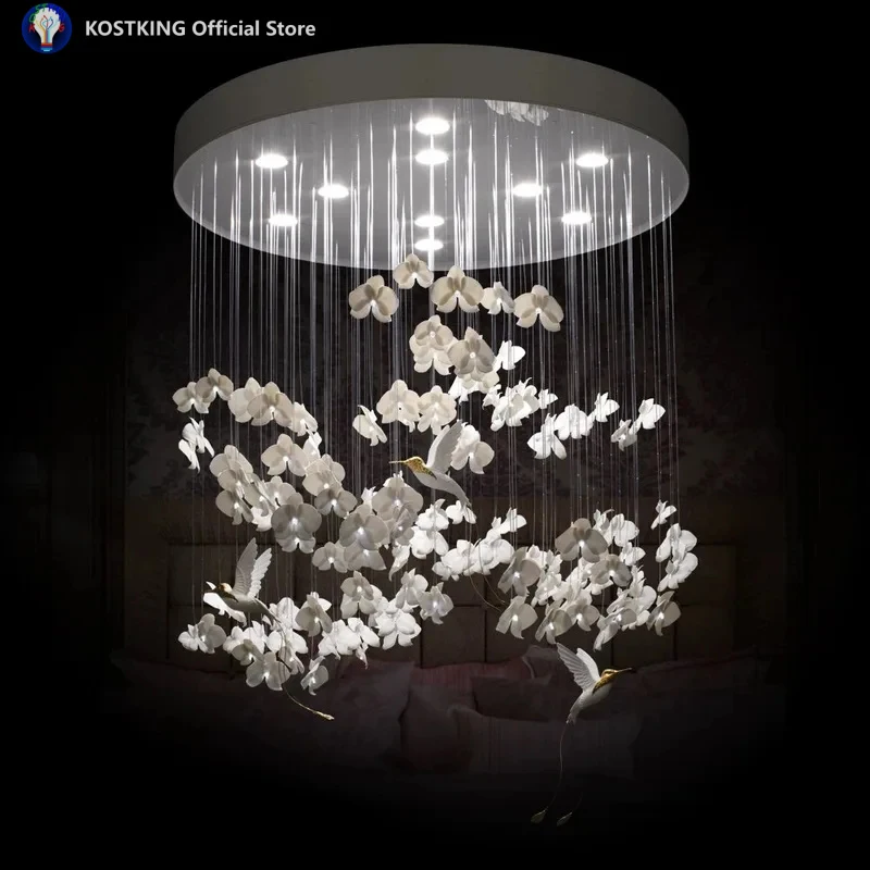 

Luxury Designer Flower Ceiling Chandelier White Ceramic Flower Bird Chandelier Lightings For Home Villa Hotel Restaurant
