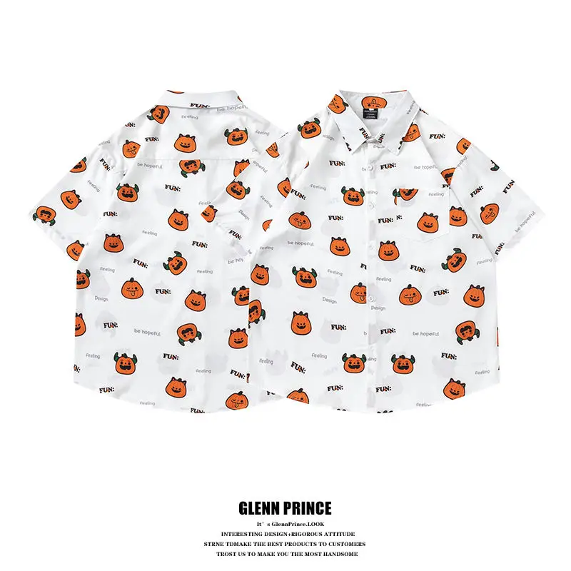 BEIANJI new American retro funny pumpkin full print short-sleeved flower shirt men's summer vacation casual half-sleeved shirt