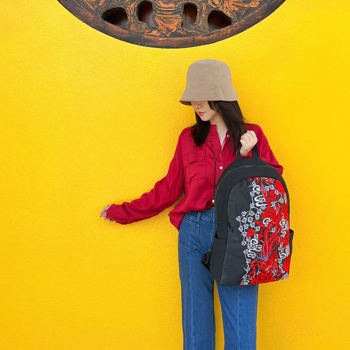 national style dragon embroidery China Chic travel backpack canvas bag school bag Hiking bag Cloth bag