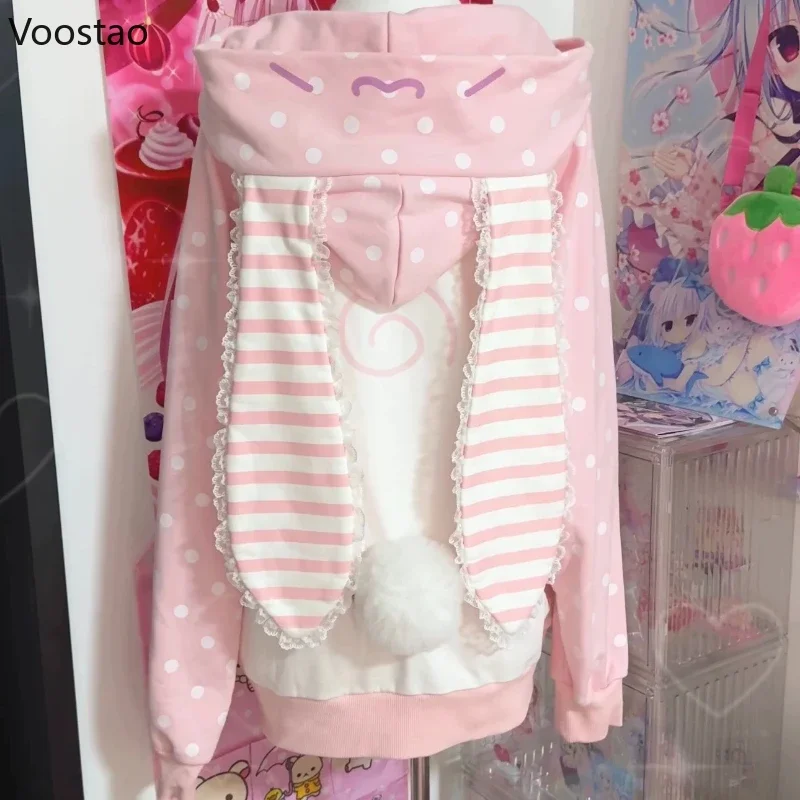 Japanese Kawaii Lolita Zipper Coats Women Sweet Pink Stripe Rabbit Ears Hooded ​Sweatshirts Casual Hoody Y2k Strawberry ​Jackets