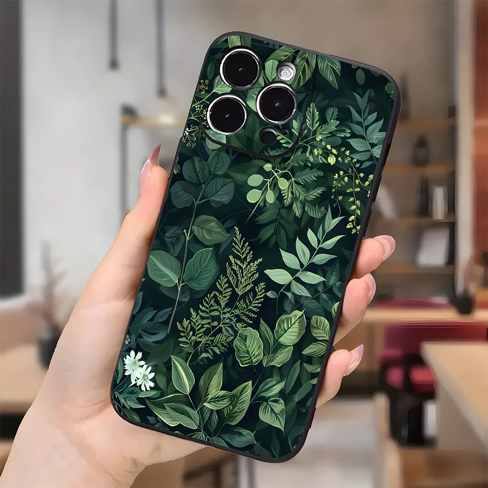 

Trendy Floral Green Leaves Aesthetic Iphone Case for Iphone 16 11 15 14 13 12 Pro Max XR Plus Black Phone Case Mobile Phones