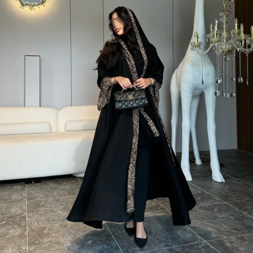 

Eid Leopard Print Open Abaya with Hijab Cardigan Muslim Dress Women Jalabiya Ramadan Morocco Dubai Kaftan Robe Islamic Clothing