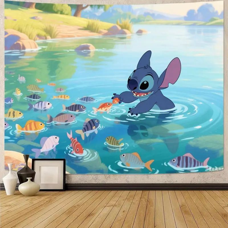 

1PC Disney Stitch Lilo & Stitch Cute Cartoon Fish Lake Tapestry Modern Polyester Wall Art Kids Room Bedroom Decor Gift for Fans