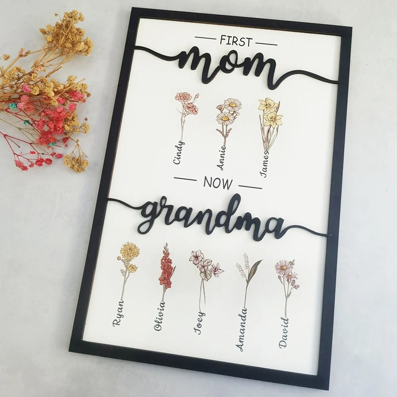 First Mom Now Grandma Birth Month Flower Wooden Plaque, Personalized Mothers Day Gifts, Mother's Day Gift, Gift For Mom Durable