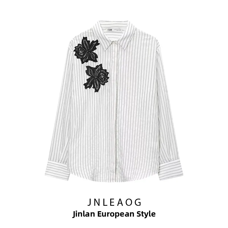 

Модный повседневный кружевной воротник с цветочным принтом JNLEAOG, женский осенний новый воротник в полоску с отложным воротником, универсальный полиэстер...