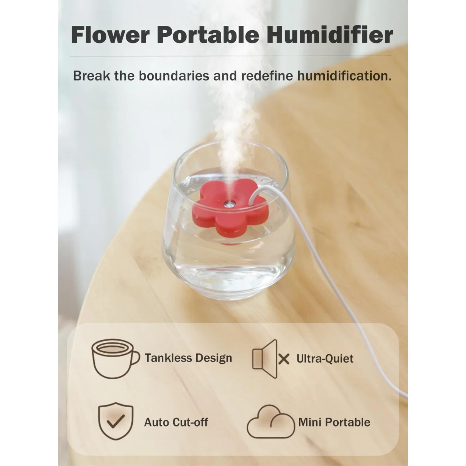 Small Flower USB Humidifier,  Cute Atomization  Maker,   Ultrasonic Fogger, Personal Portable Waterproof Air humidifier for  Bed