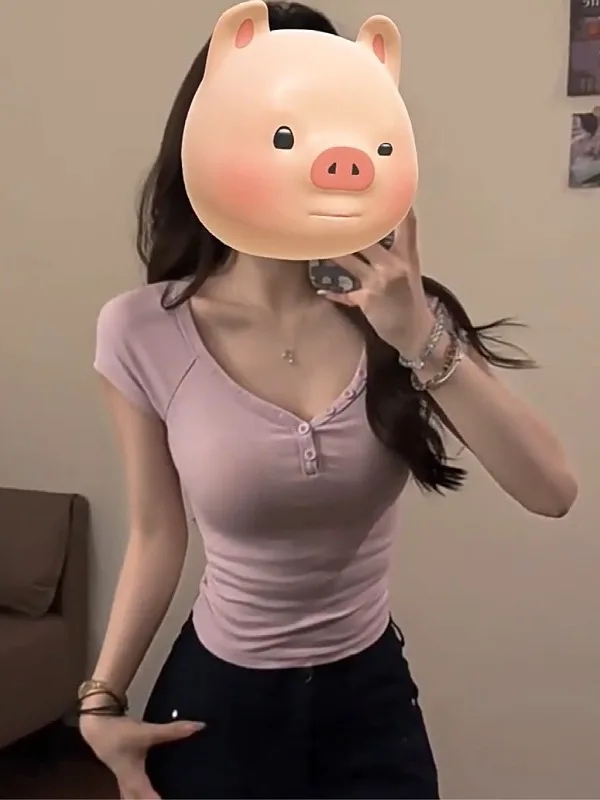 

Женская летняя футболка больших размеров с глубоким V-образным вырезом и коротким рукавом, облегающая, универсальная, укороченная, с эффектом похудения