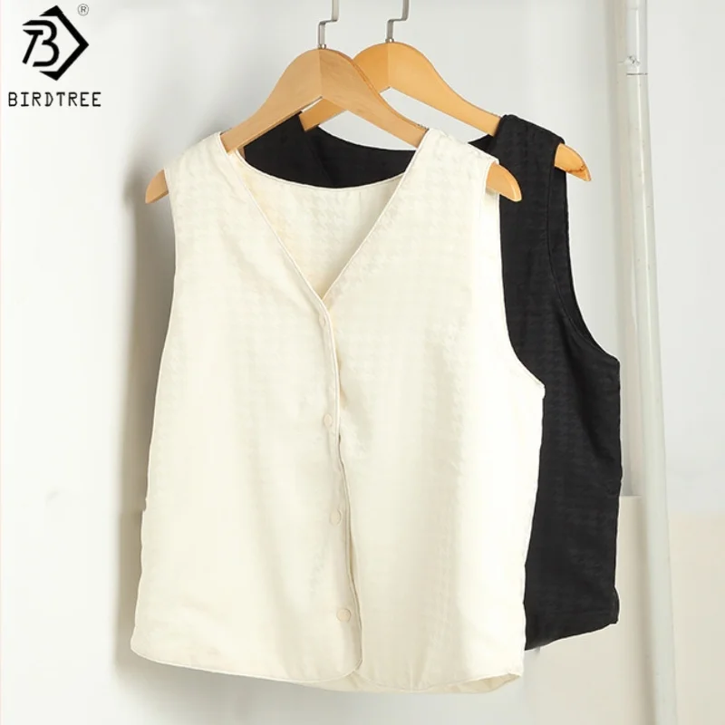 

Birdtree Filler 100% Silk Warmth Camisole,Women Houndstooth Jacquard V-neck Sleeveless Autumn Thicken Vest T59237JF