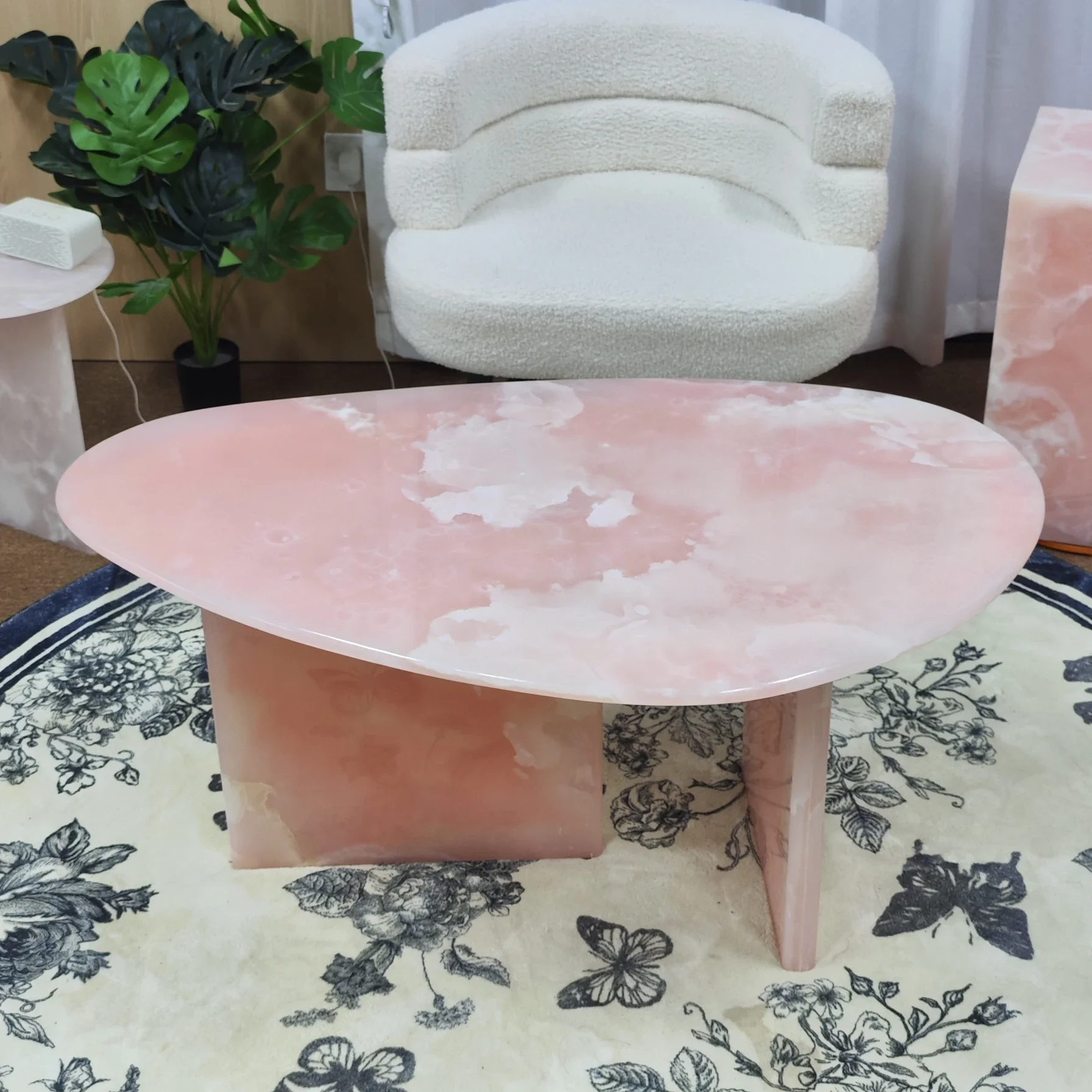 Water drop shaped jade coffee table pink stone