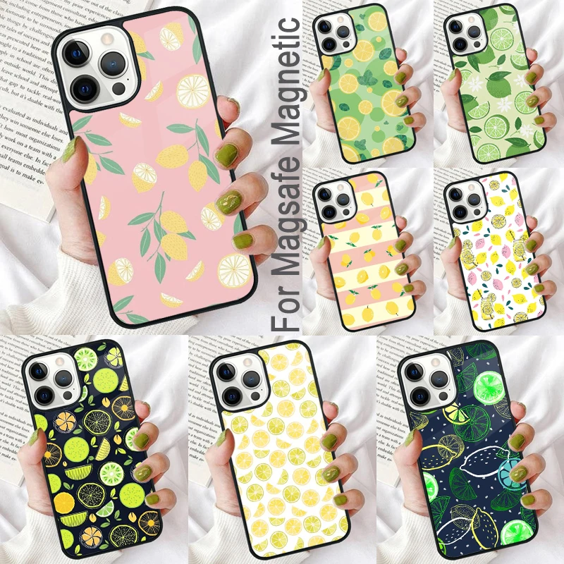 Cartoon Lemon Avocado Peach Fruit Magnetic Soft Phone Case for iPhone 16 Promax 15 Pro 13 14 Plus 11 12 Mini MagSafe Coque