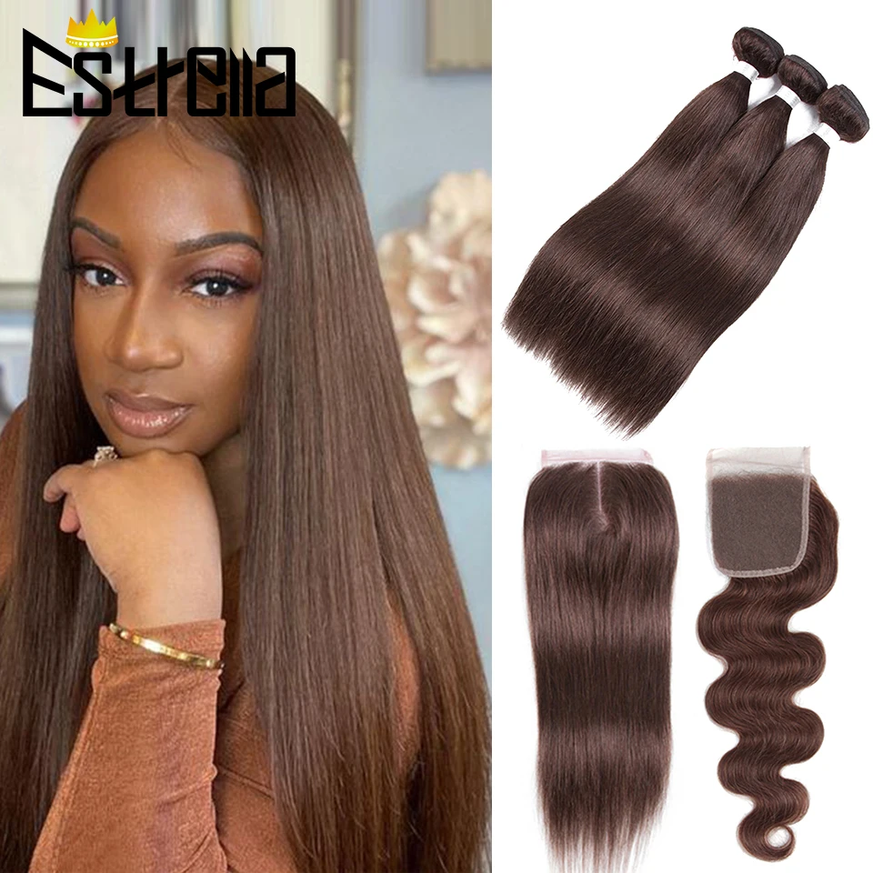 

Brown Straight Colored Human Hair Bundles With Closure Remy Brazilian Human Hair Weave Bundles With Transparent Lace Closure