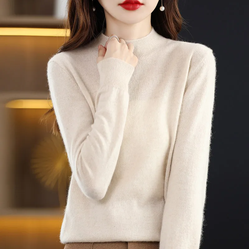 Seamless Integrated Cashmere Sweater Women's 100 Pure Wool Loose Half High Collar Pullover Base Layer Korean Style Long Sleeve
