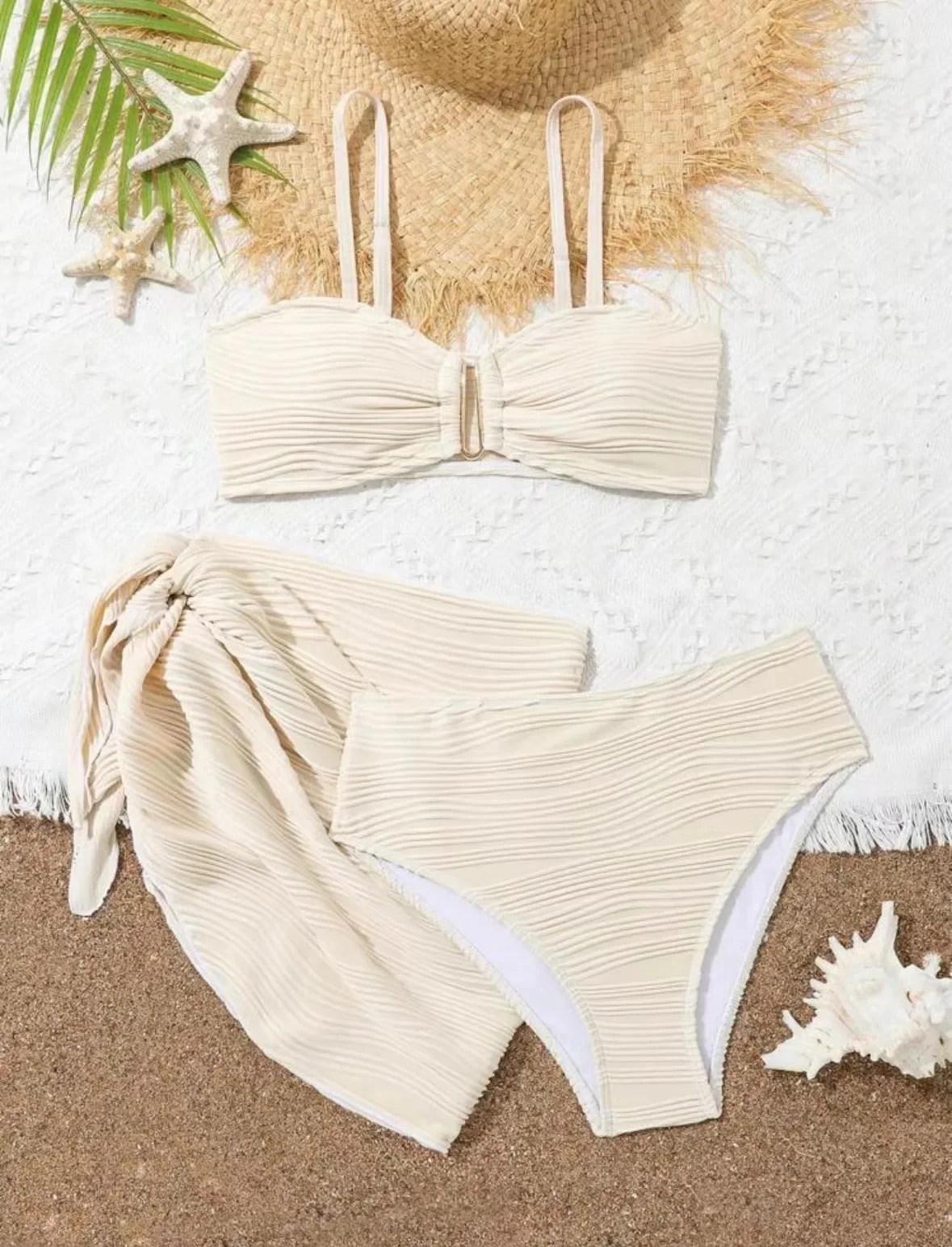 Sexy Metal Decoration Ribbed Bikinis Sets Three Pieces with Cover Skirt Solid Swimsuit Bathing Suit Beach Outfits Biquini Bakini