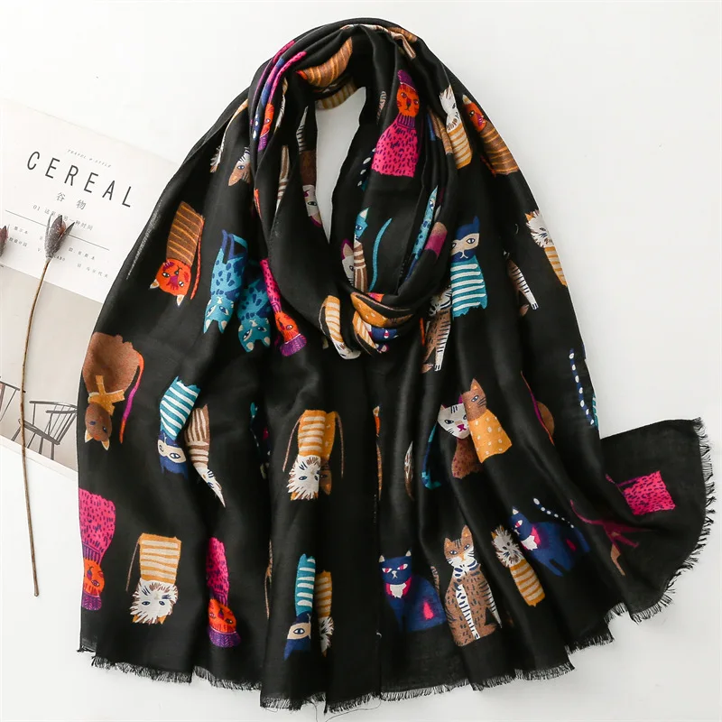 2023 New Winter Cute Cat Print Fringe Scarf Shawls Long Cotton Animal Scarves Hijab Wrap 7 Color Free Shipping