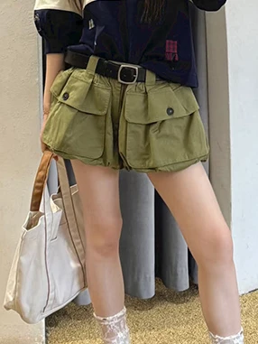 

Summer 2026 Fashionable Ladies Casual Bubble Shorts with Big Pockets Flower Bud Pants Long Leg Lengthening Cotton Low Waist