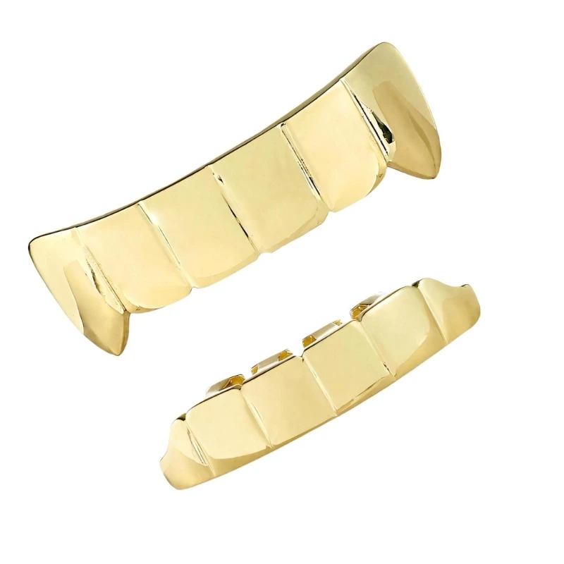 Festival Styling Mouth Jewelry Set, Connected Upper and Lower Tooth Grills with Mirror Finish Plated Metal Look E0BF