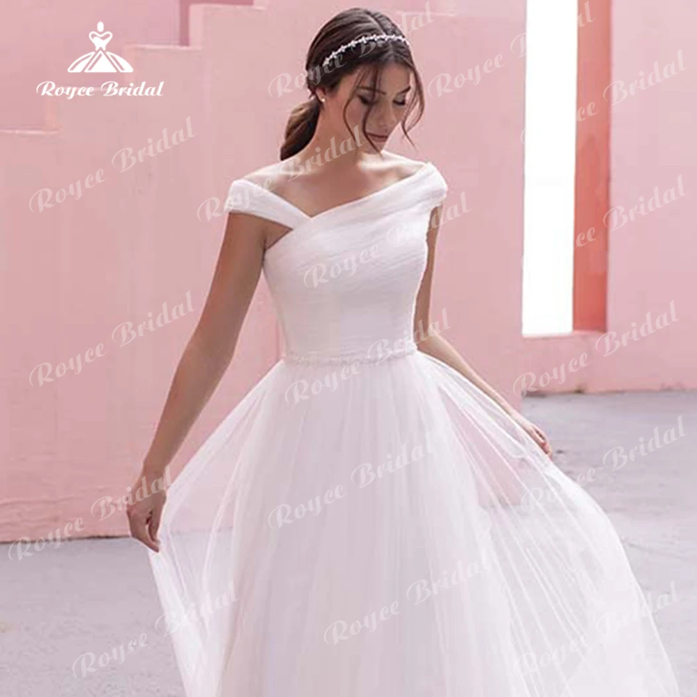 Simple Strapless Off the Shoulder Pleat Netting Boho A Line Wedding Dress For Women Beach Bridal Gowns Vestidos De Novia Robe