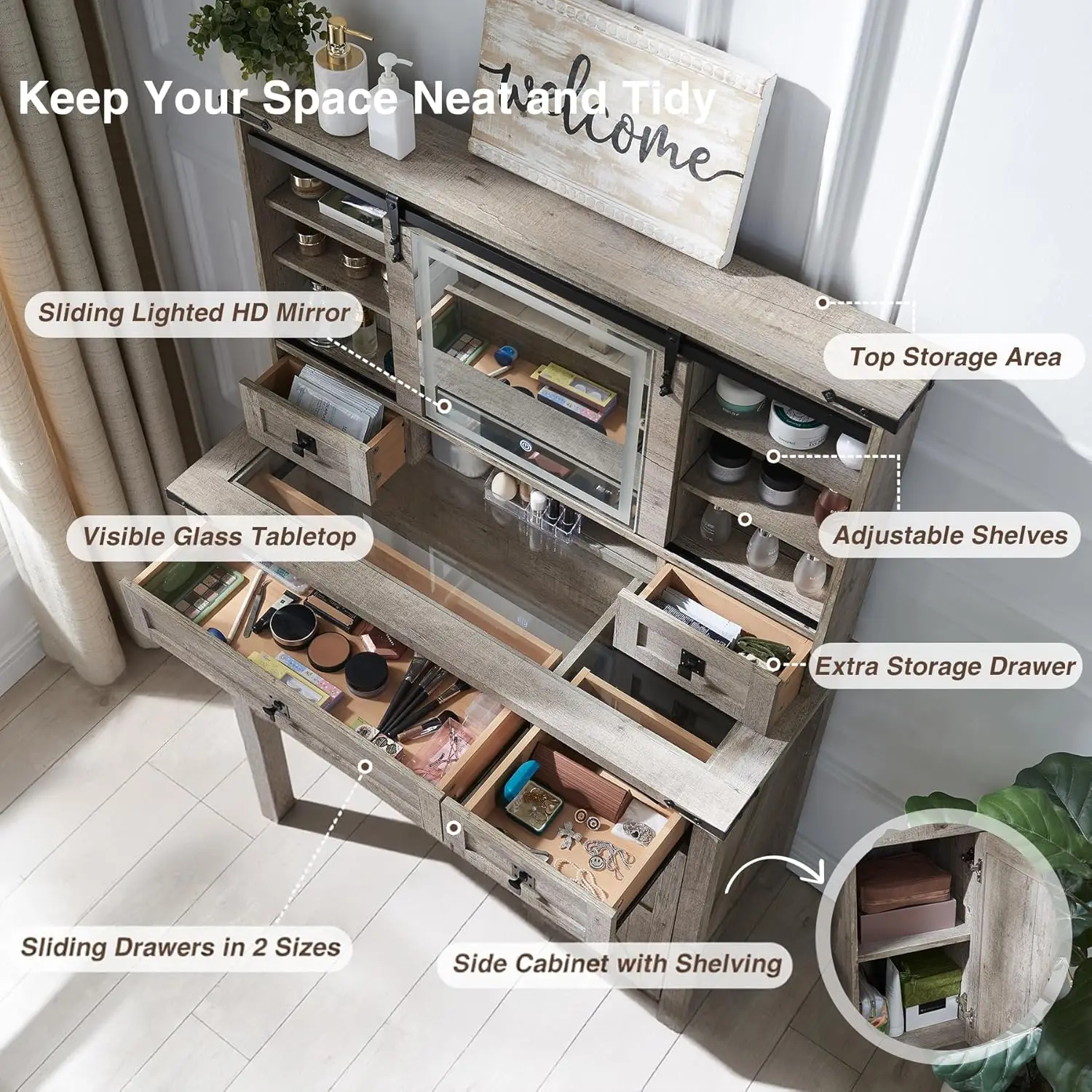 ファームハウス風化粧台、スライド式ミラーとライト付き、42インチガラス天板、2つの引き出しと棚付き、素朴なB