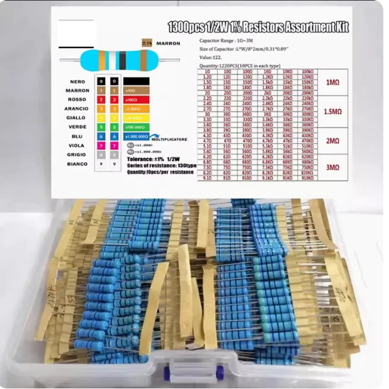 

1/4W 0.25W 1/2W 0.5W 4-color ring carbon film resistor pack 1R-1M 0.33R-10M 0.1R-750R 1K-820K various sample packs