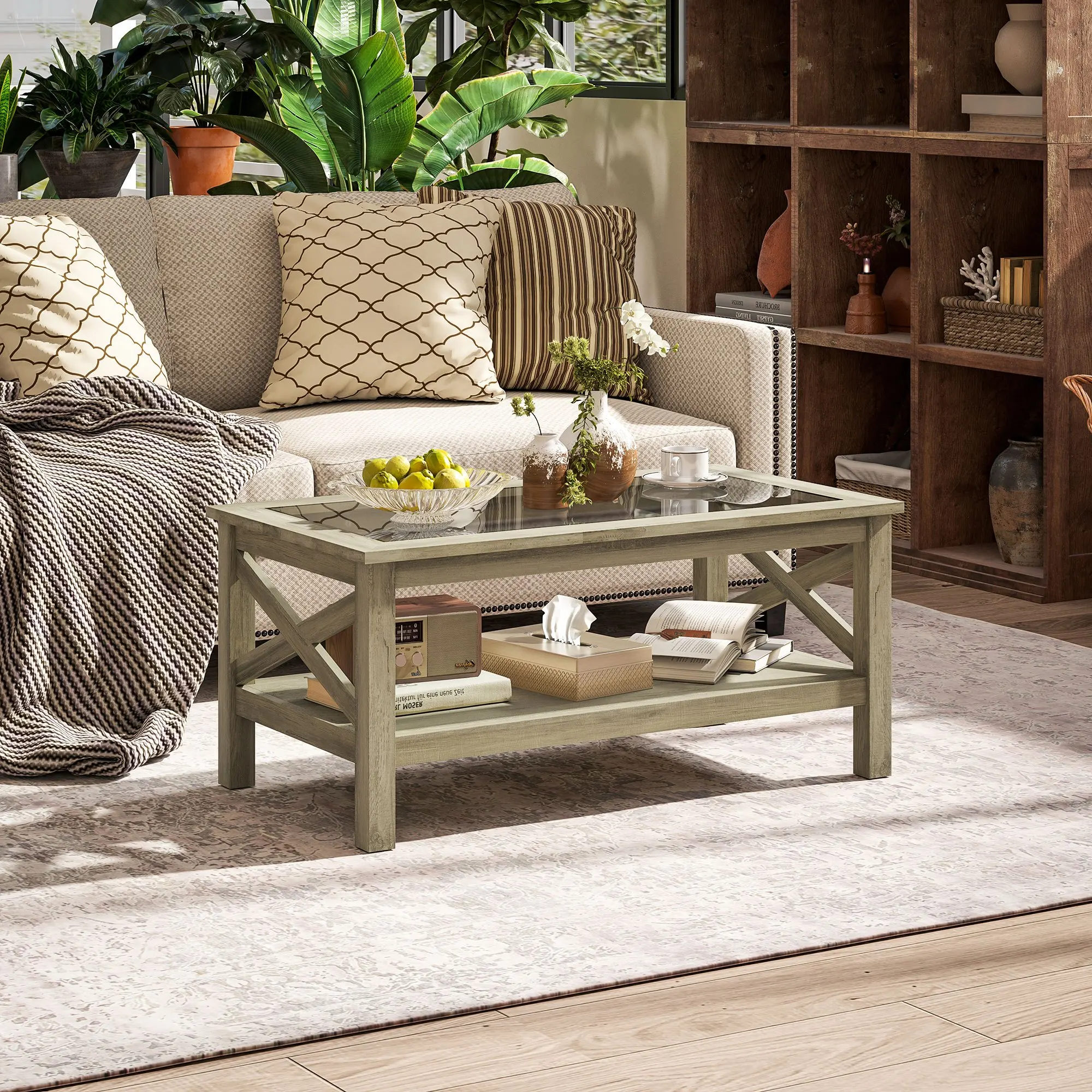 

Traditional Coffee Table Frame, Tempered Glass Tabletop