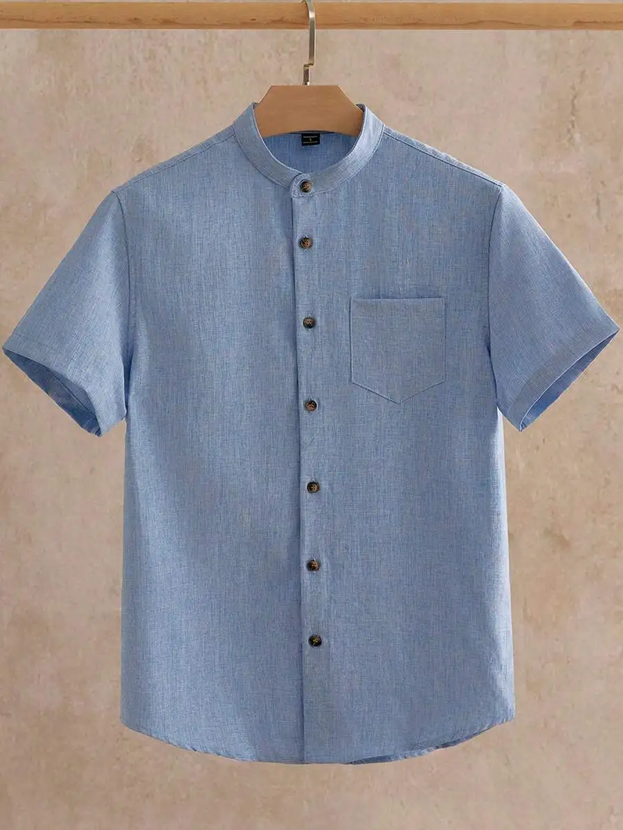 

Men's Light Blue Short Sleeve Stand Collar Woven Shirt Casual Summer