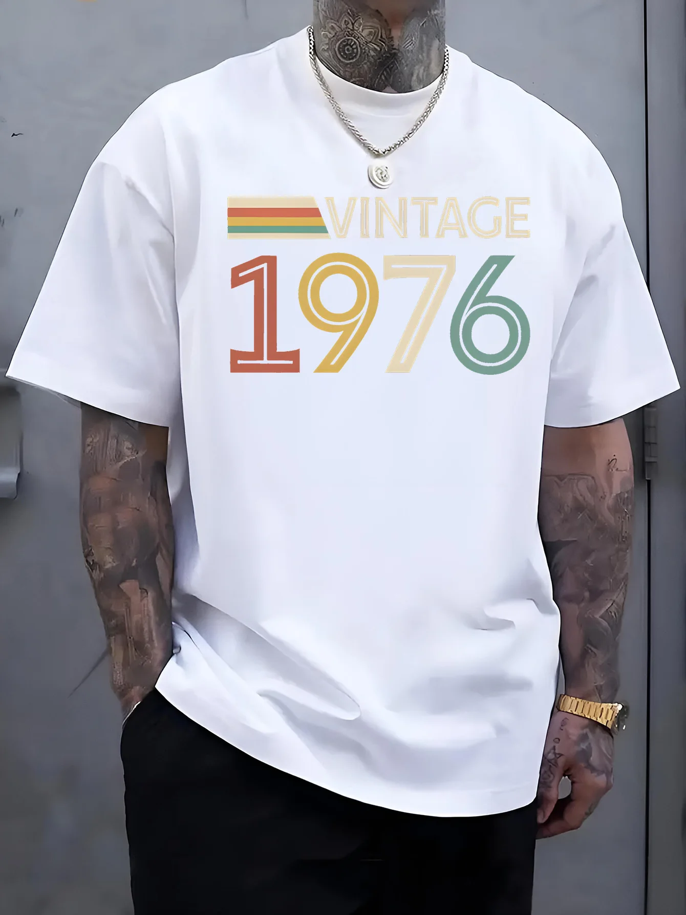 New Men Black Crew Neck Tee Retro Rainbow Stripe Vintage 1976 Multicolor Number Print Classic Born Year Soft Cotton Male Tops