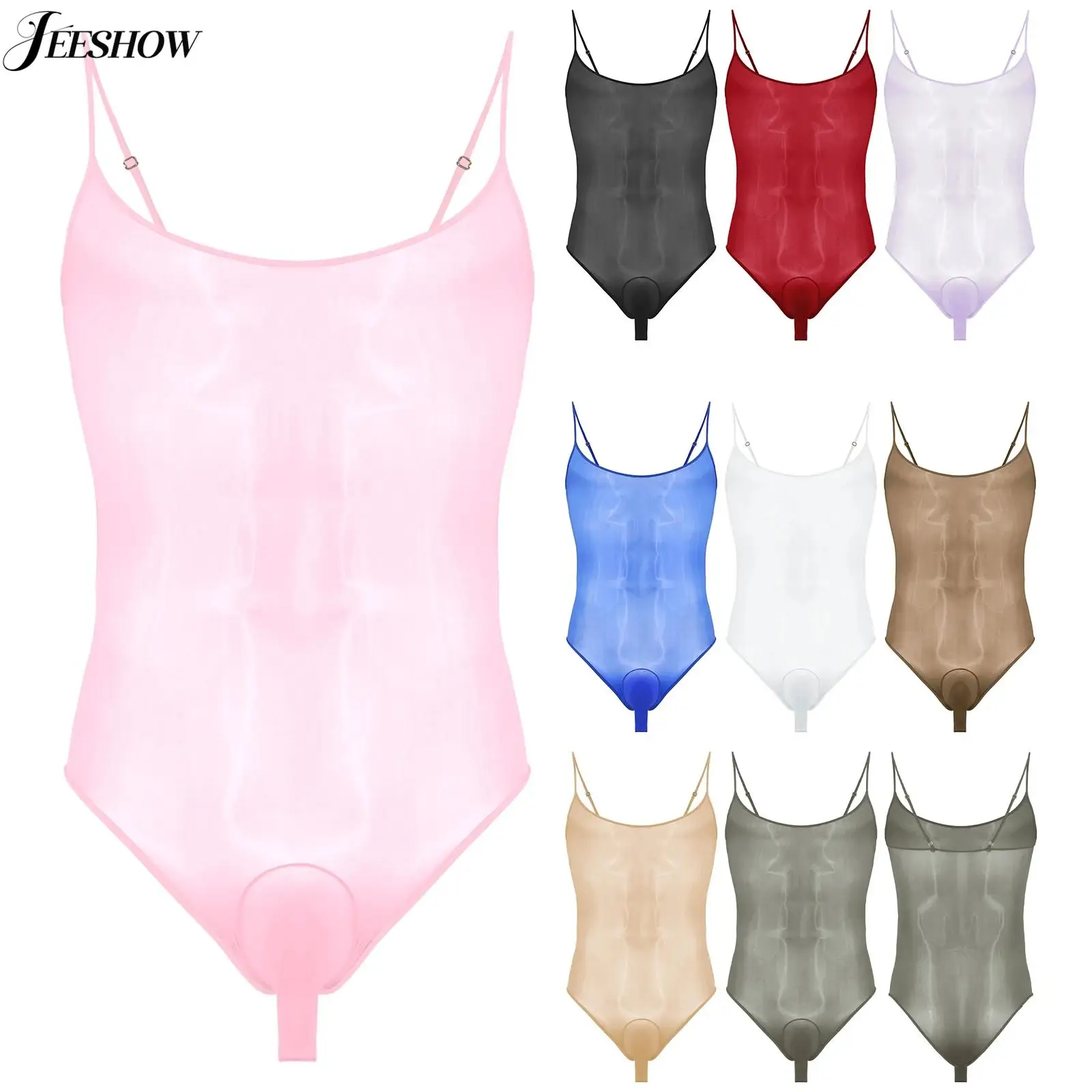 

Mens Sissy See Through Sling Bodysuit Spaghetti Straps Open Sheath Bulge Pouch High Cut Leotard Jumpsuit Underwear Nightwear
