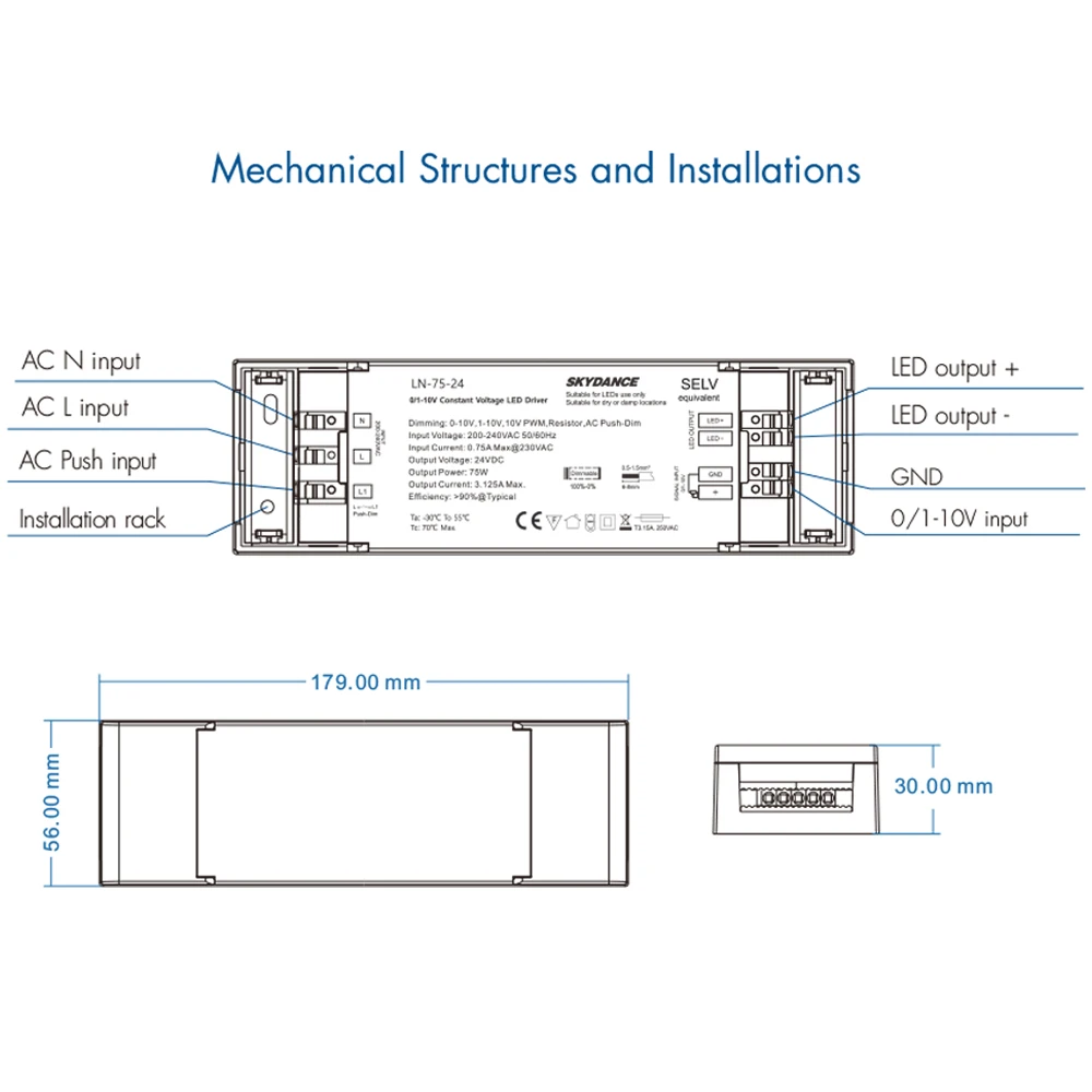 0/1-10V Constant Voltage LED Driver Dimmable Power 110V 220V 230V to DC 12V 24V 75W 40W 12W PWM Dimming 0-100% fr LED Light Lamp