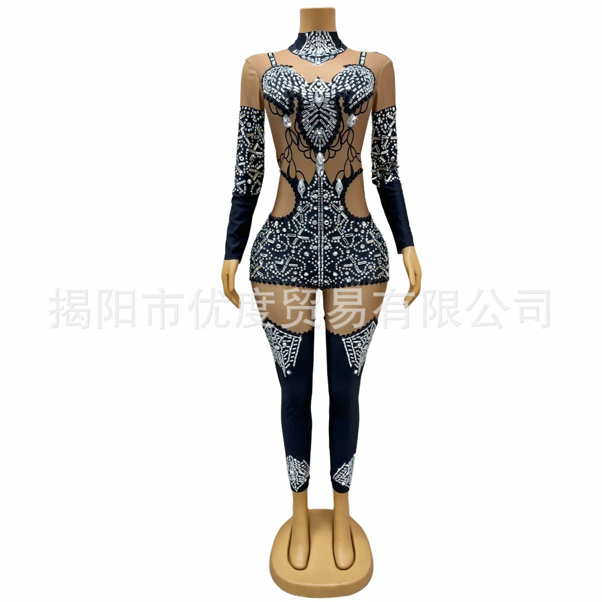 Personalized Rhinestone Glam Mesh Jumpsuit Cocktail Night Party Performance Black Angel Jumpsuit Dresses For Woman Elegant Party