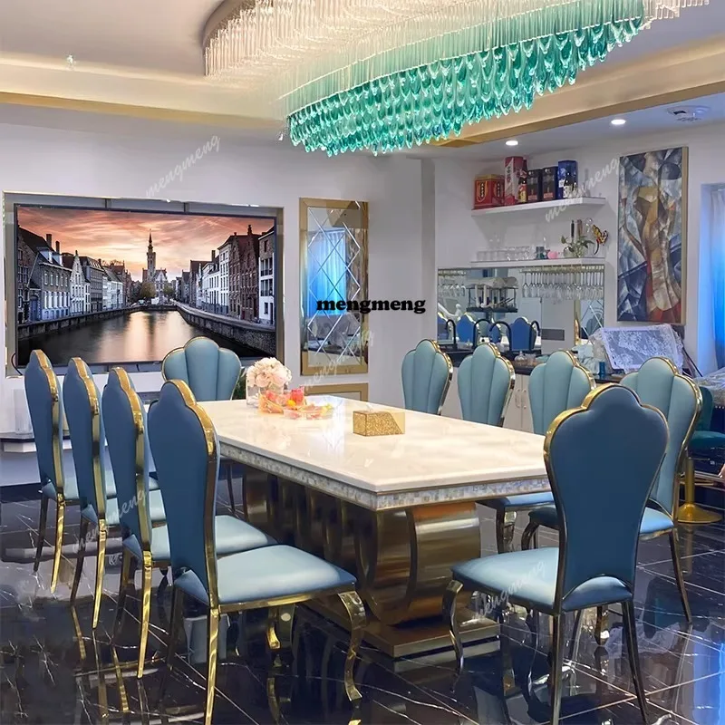 Villa marble high-end Italian style shell dining table stainless steel clubhouse rectangular custom table