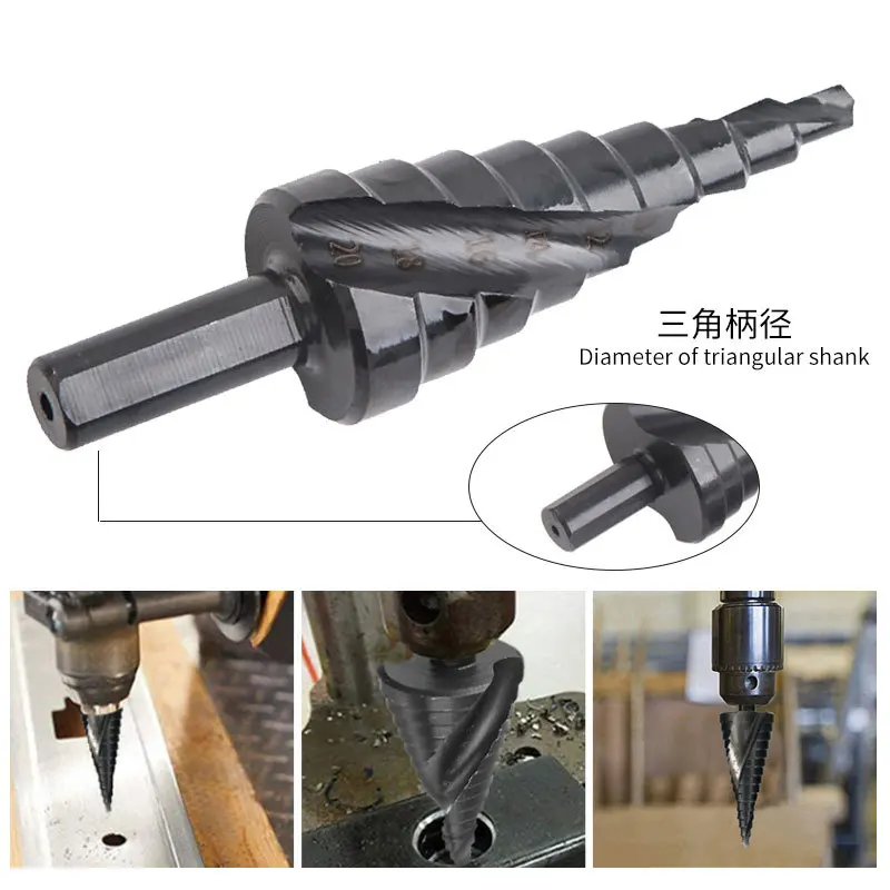 3 buah/Set 4-32mm Set mata bor Titanium HSS baja kecepatan tinggi Spiral beralur batang kayu/logam kerucut alat bor pemotong lubang