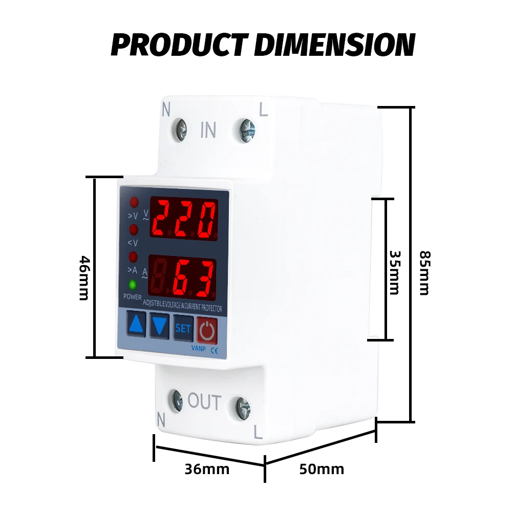 New Dual Display Din Rail Volt Amp Protection 220V 230V 40/63A Adjustable Over Under Voltage Protective  Current Protector Relay