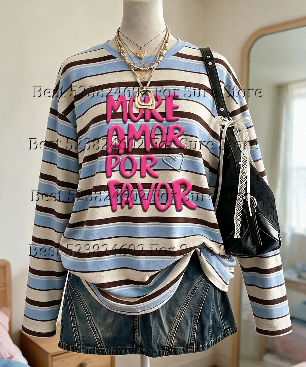 Y2K Striped Long Sleeve T‑Shirt For Women MORE AMOR POR FAVOR Letter Crew Neck Loose Casual Tops Streetwear Vintage Daily Wear