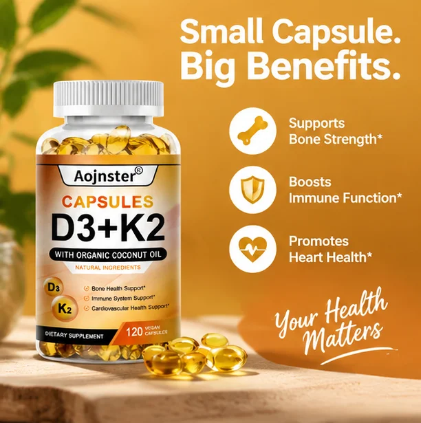 Vitamin D3 K2 Capsules with Organic Coconut Oil, Natural Supplement for Bone, Immune & Heart Support, 120 Vegan Capsules