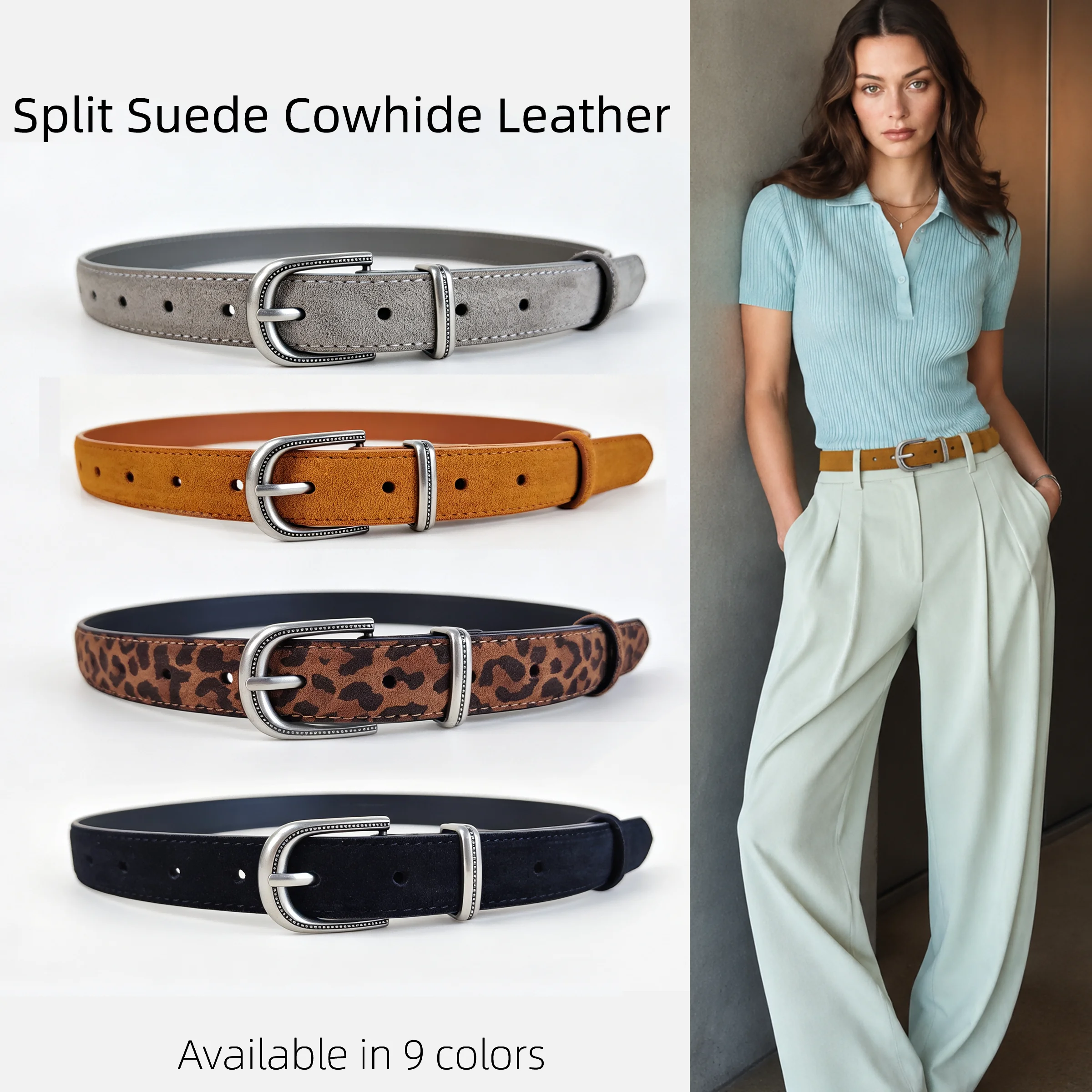 Fashion Split Cowhide Caramel Matte Belt for Women, Silver Metal Buckle, Cinch Waist Belt, Ideal for Coats