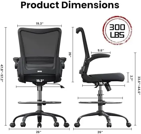 Drafting Chair Tall Office Chair for Standing Desk with Up & Down Flip-Up Armrest, 9” Adjustable Height High Desk Chair