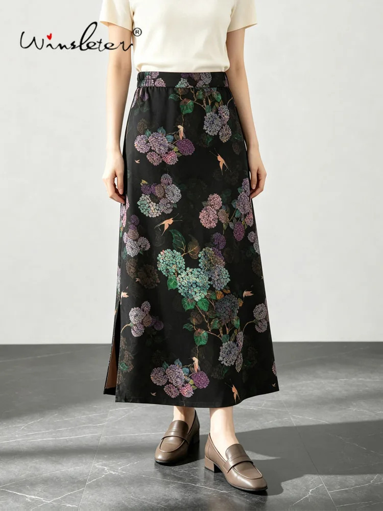 Winsleter-100%Real Silk Watered Gauze Elegant Skirts, Elastic Waist Jacquard, Women Retro Straight Skirt, 2026 Autumn B67804CC