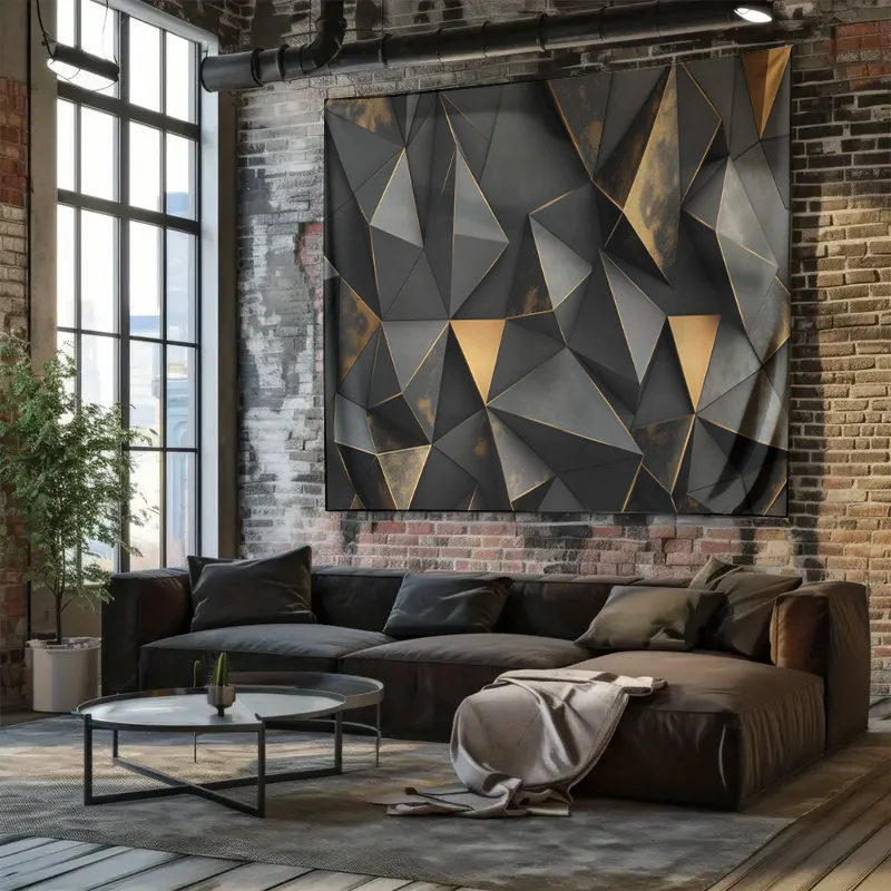 Black and Gold 3D Geometric Triangle Pattern Wall Tapestry Machine Washable All Season Decor Print Home Easy to clean non-toxic