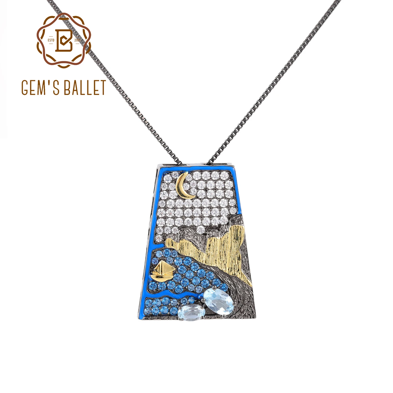GEM'S BALLET Moon Original Design Jewelry Pendant Necklaces Real 925 Sterling Silver Sea Necklace For Women Romantic Gift