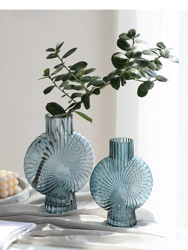 European Light Blue Threaded Glass Vase Hydroponic Transparent Flower Arrangement Dried Living Room Countertop Decor