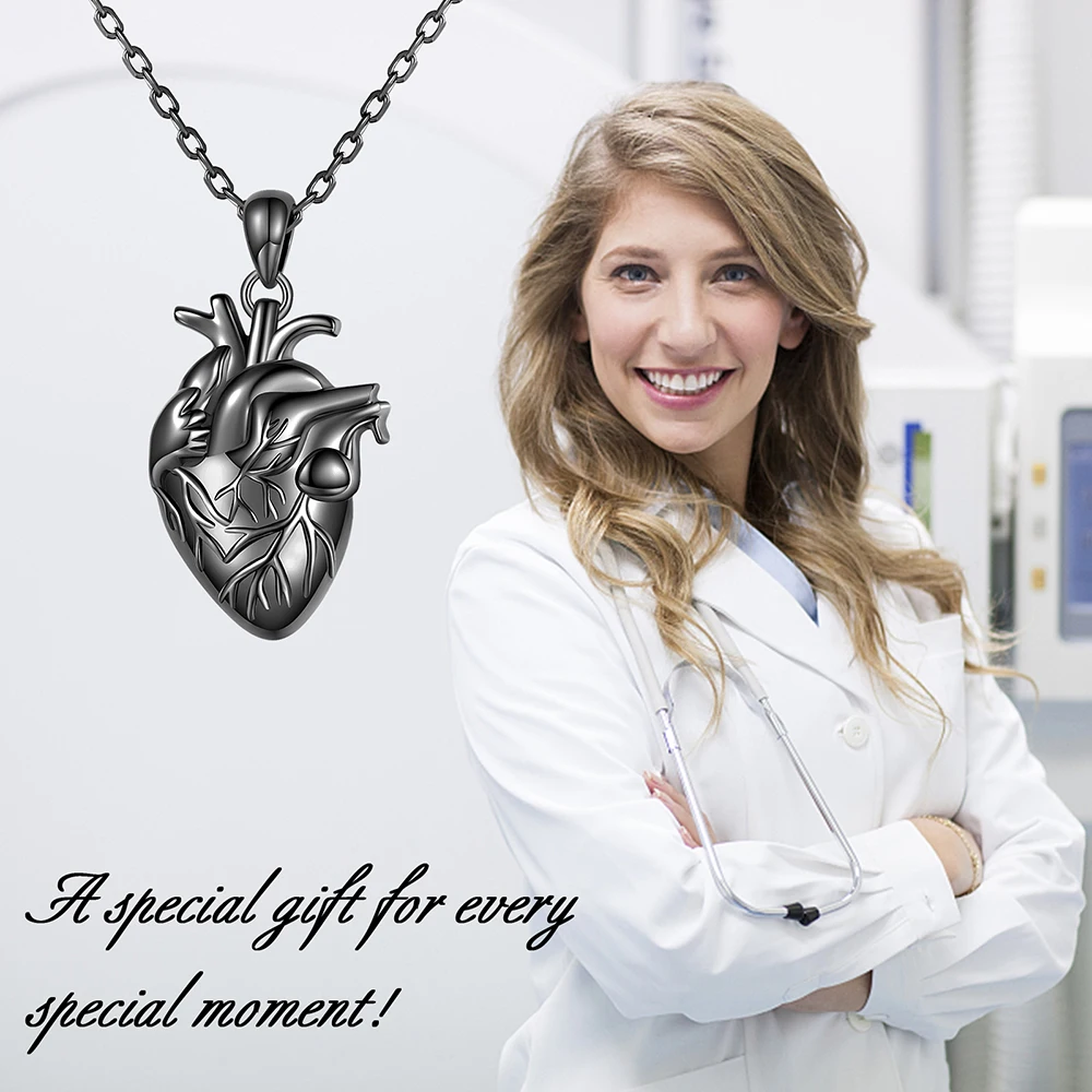 925 Sterling Silver Anatomical 3D Organ Realistic Black Human Heart Necklace Gothic Jewelry Birthday Nurse Gifts For Women Men