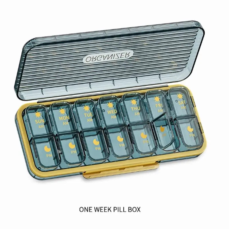 AB11 Waterproof Dustproof Portable Medicine Box, 14 Cubes Storage, Seven Days A Week Pill Organizer, Blue